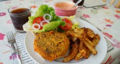 SWEET POTATO BURGERS WITH CAJUN WEDGES Recipe for vegetarian sweet potato burgers with cajun wedges.