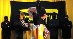 RONALD MCDONALD HELD HOSTAGE IN PROTEST AGAINST THE FAST FOOD CHAIN McDonalds attacked by campaigners demanding to know how they make their food