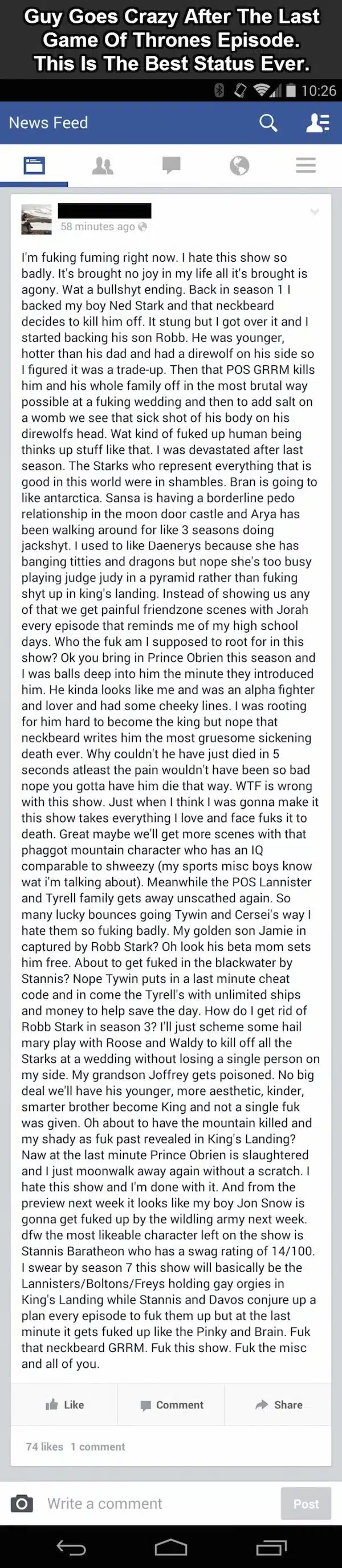 Insane Game Of Thrones Facebook Status Update