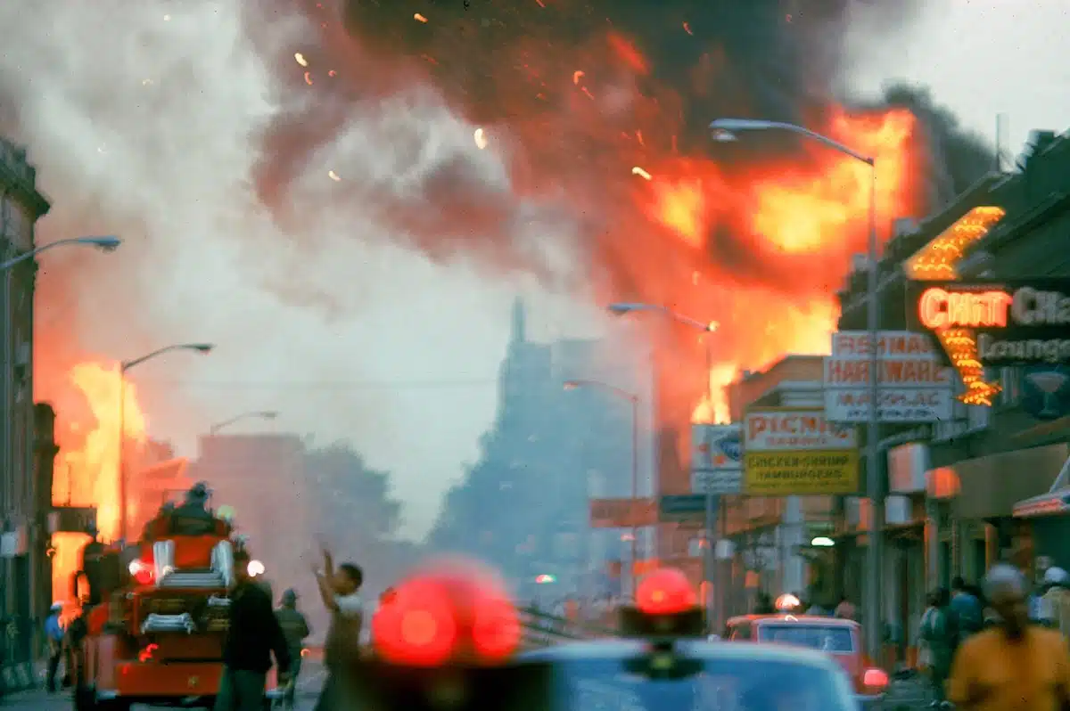 Building burning during race riots in the city