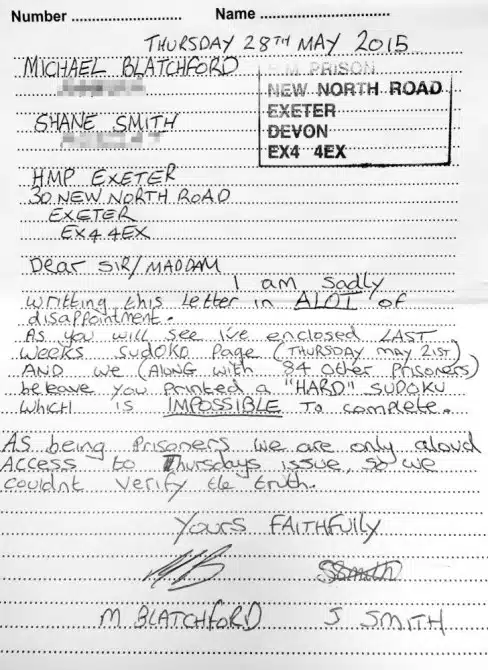 Prisoners Write Letter Complainging About Sudoku