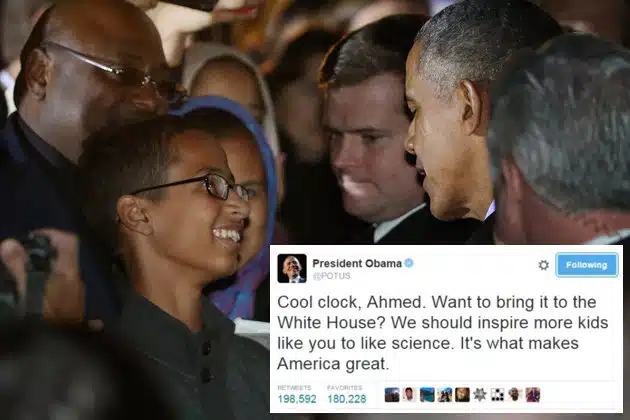 In and effort to promote science, technology, engineering and mathematics (STEM) education, U.S. President Barack Obama hosts scientists, engineers, astronauts, teachers and students for some stargazing during the second Astronomy Night on the South Lawn of the White House October 19, 2015 in Washington, DC. Ahmed Mohamed, 14, was handcuffed and questioned by police last month when he brought a homemade electronic clock to class at MacArthur High School in Irving, TX, and officials mistook it for a bomb.