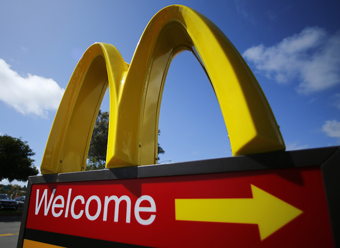 A McDonald's restaurant sign is seen at a McDonald's restaurant in Del Mar, California