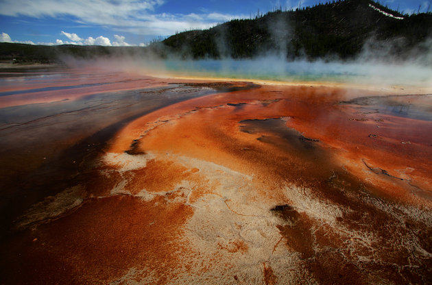 The Grand Prismatic Spring, the largest in the United States and third largest in the world, and it's colored bacteria and microbial mats in Yellowstone National Park, Wyoming