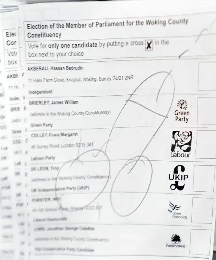 Woking General Election count - June 8th 2017 - HG Wells, Woking. Examples of spoilt papers.