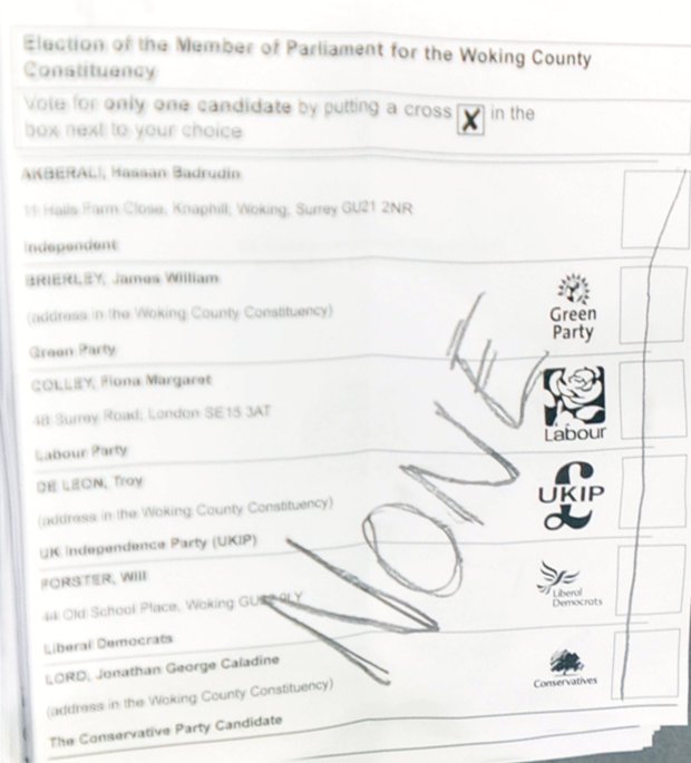 Woking General Election count - June 8th 2017 - HG Wells, Woking. Examples of spoilt papers. GL