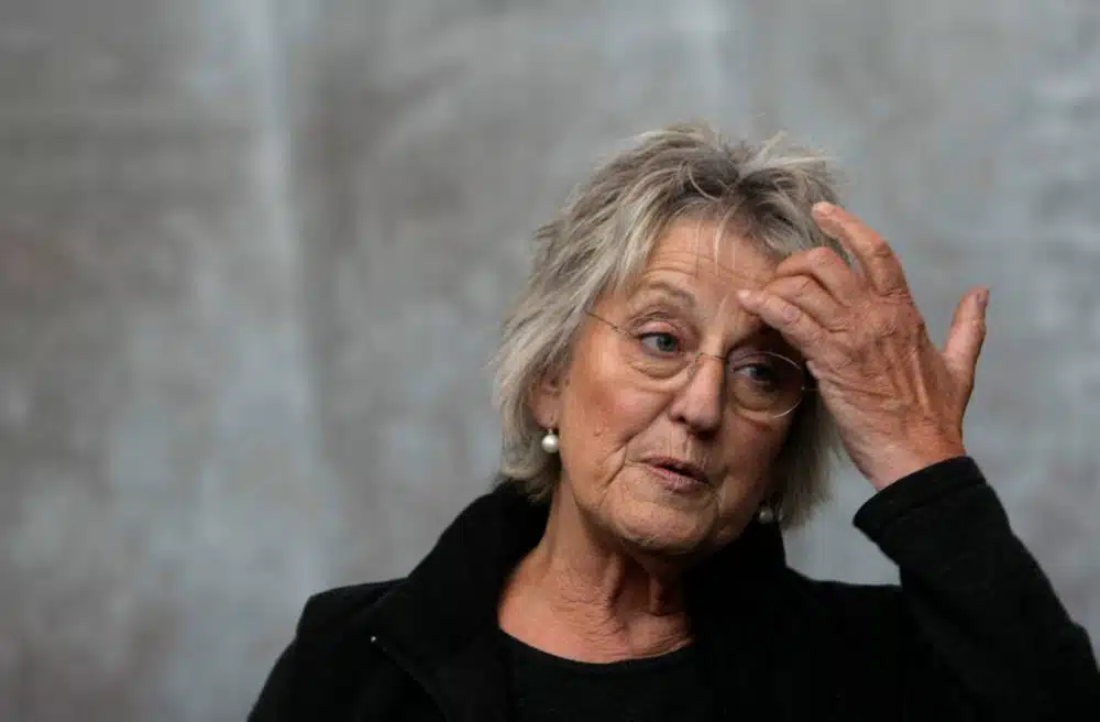 Author Germaine Greer gestures at a media launch in Melbourne