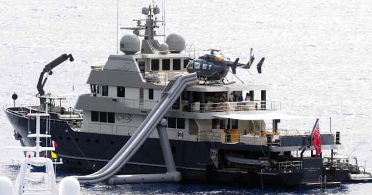 MATT DAMON’S SUPER YACHT WHICH HAS AN 80FT WATER SLIDE AND A HELICOPTER