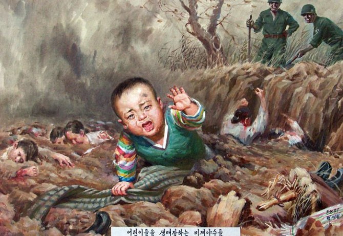 Anti American North Korean Poster - Baby Mass Grave Exploitation
