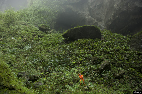 A Hang Son Doong explorer navigates an plant-covered cavescape.