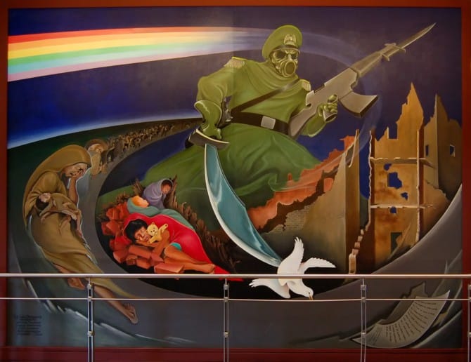 Denver International Airport Conspiracy - Art - Gas Mask Dove Sword