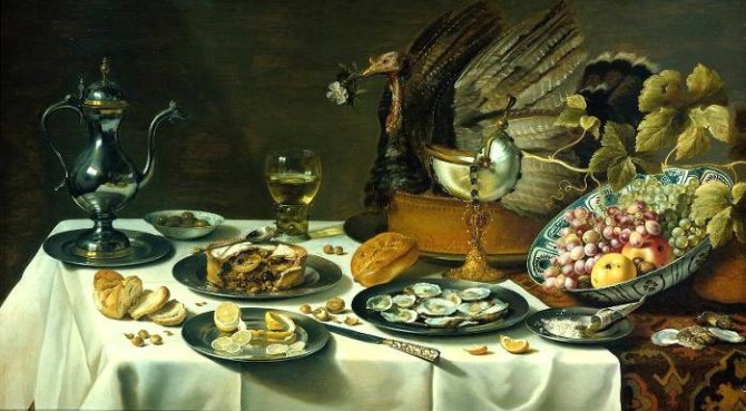 Tudor Gluttony Feast - Still Life - Peacock and Pie - Pieter Claesz 1627