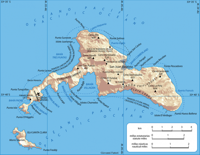Alexander Selkirk - Isla Más a Tierra Now Robinson Crusoe Island map