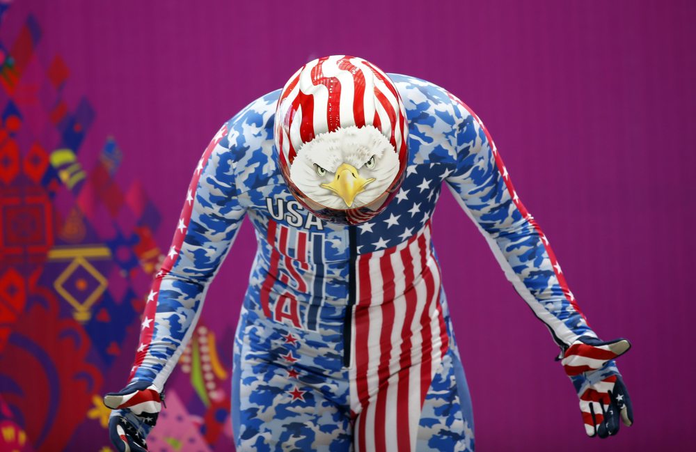 Katie Uhlaender of the U.S. gets ready during a women's skeleton training session at the Sanki sliding center in Rosa Khutor