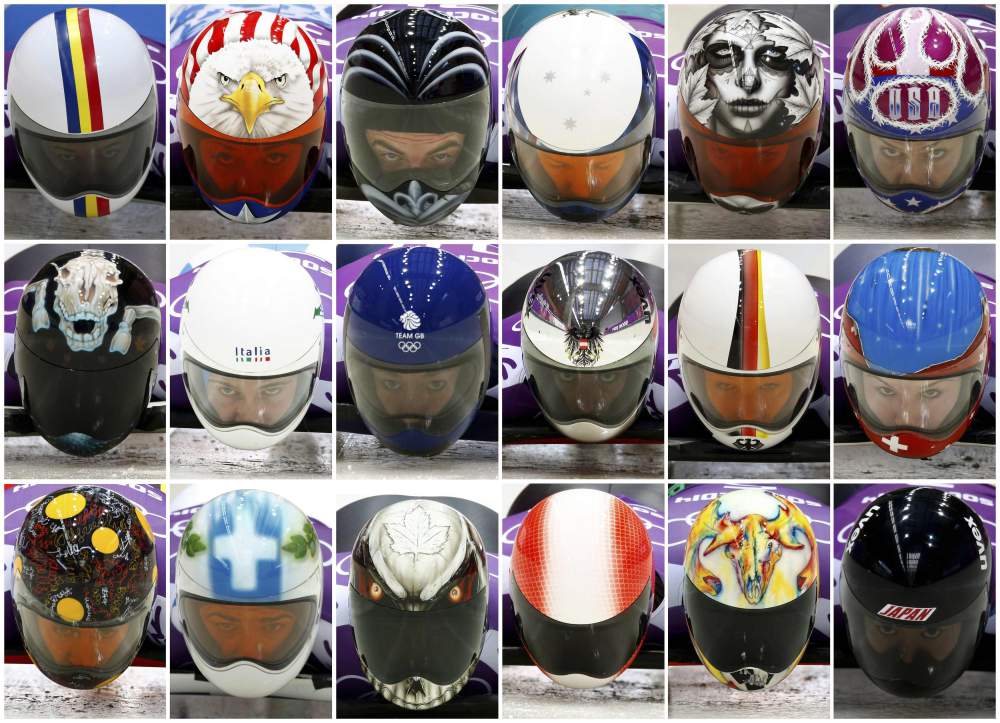 Picture combination shows helmets of eighteen athletes during the men and women skeleton event training at the Sanki sliding center in Rosa Khutor