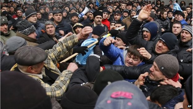 Crimea - Ukraine - Russia - Pro-Russian protesters and Tatars clash
