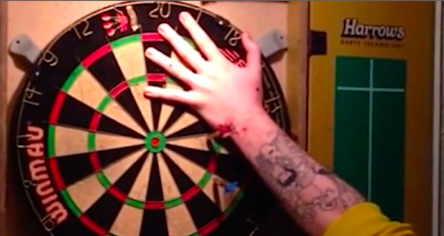 Drunk Scottish Guy Uses Hand As Dartboard