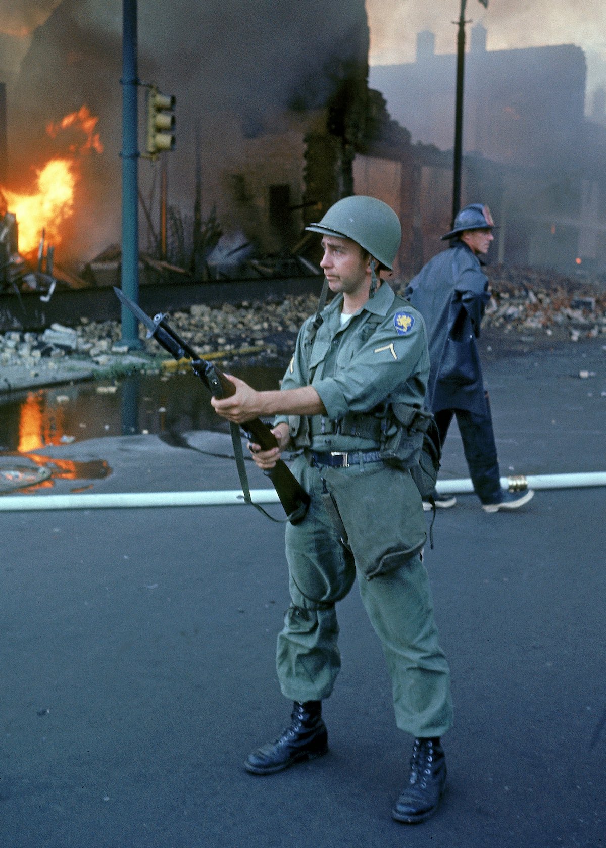 National Guardsman patroling street after race rio