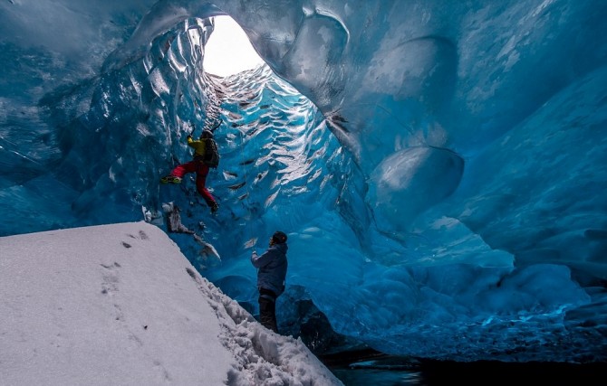 Inside Vatnajokull glacier - climber