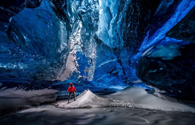 Inside Vatnajokull glacier - red coat