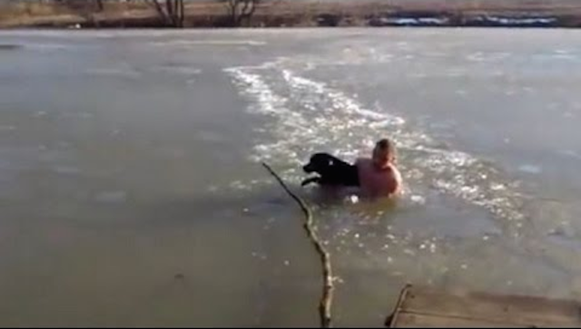 Russian Guy Saves Dog Frozen River