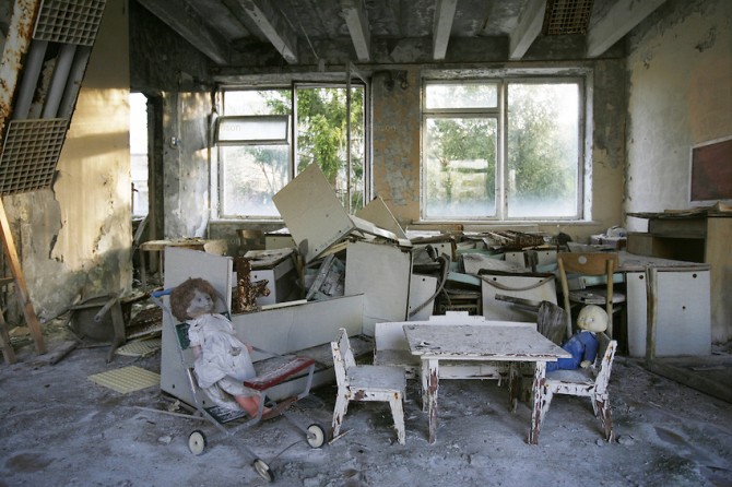 Chernobyl, Exclusion Zone, Ukraine. Dolls tea party. Maternity Hospital. Pripyat Town built 15 years before the Chernobyl reactor fire. The whole town was evacuated shortly after. The Chernobyl Reactor, towns, plant and environs just before the 20th ann