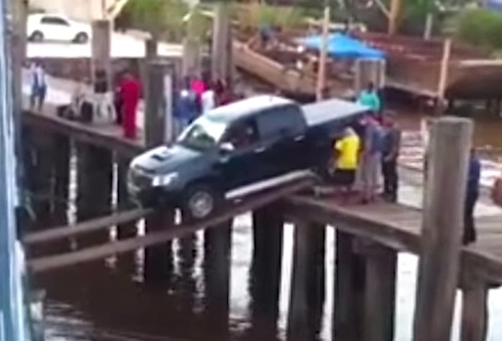 Car Attempts To Board Ship Via Planks