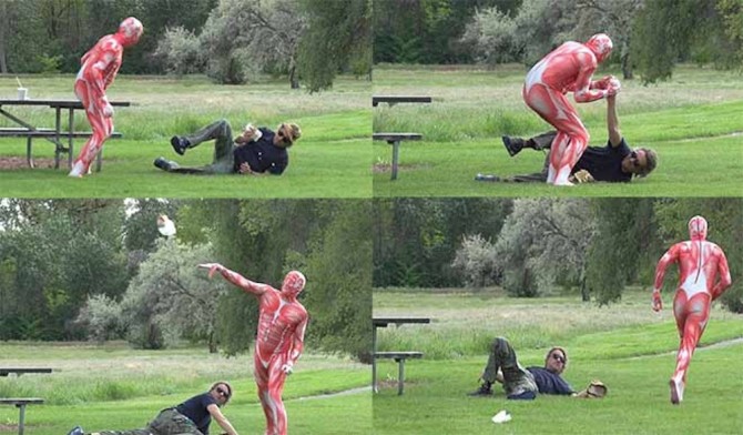 Guy Human Meat Suit Attacks Guy With Burger