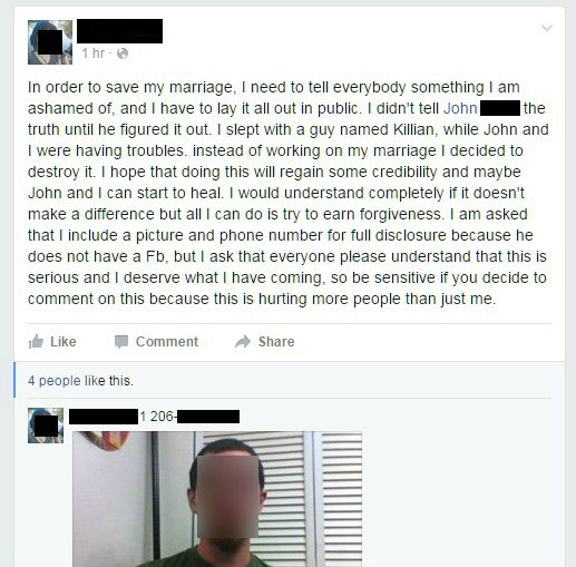 Husband Forces Cheating Wife Come Clean Facebook Status