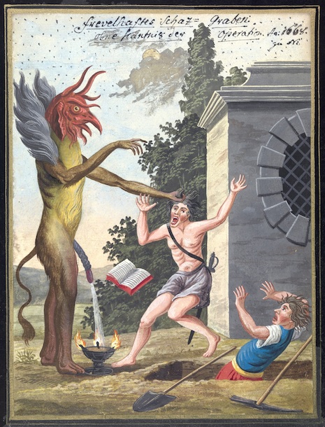 L0076363 A compendium about demons and magic. MS 1766. Credit: Wellcome Library, London. Wellcome Images images@wellcome.ac.uk http://wellcomeimages.org Compendium rarissimum totius Artis Magicae sistematisatae per celeberrimos Artis hujus Magistros. Anno 1057. Noli me tangere. Watercolour c. 1775 Published: - Copyrighted work available under Creative Commons Attribution only licence CC BY 4.0 http://creativecommons.org/licenses/by/4.0/