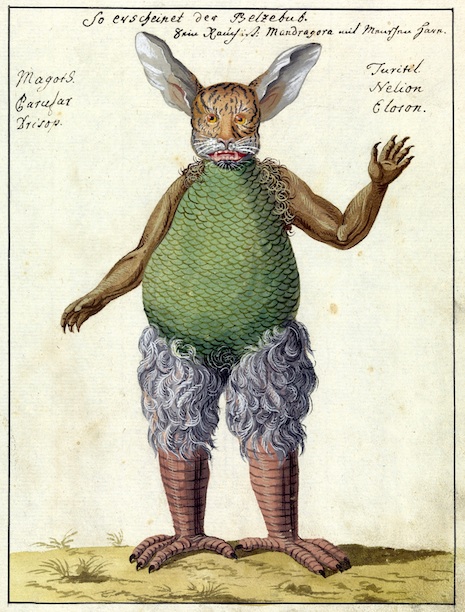 L0076362 Illustration of Beelzebub, MS 1766 Credit: Wellcome Library, London. Wellcome Images images@wellcome.ac.uk http://wellcomeimages.org Beelzebub - portrayed with rabbit ears, a tiger's face, scaled body, clawed fingers and bird's legs. Compendium rarissimum totius Artis Magicae sistematisatae per celeberrimos Artis hujus Magistros. Anno 1057. Noli me tangere. Watercolour c. 1775 Published: - Copyrighted work available under Creative Commons Attribution only licence CC BY 4.0 http://creativecommons.org/licenses/by/4.0/