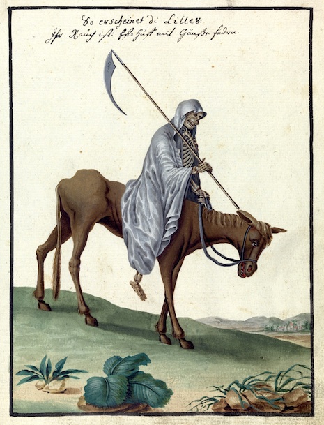 L0076368 Illustration of the Grim Reaper on horseback, MS 1766. Credit: Wellcome Library, London. Wellcome Images images@wellcome.ac.uk http://wellcomeimages.org Compendium rarissimum totius Artis Magicae sistematisatae per celeberrimos Artis hujus Magistros. Anno 1057. Noli me tangere. Watercolour c. 1775 Published: - Copyrighted work available under Creative Commons Attribution only licence CC BY 4.0 http://creativecommons.org/licenses/by/4.0/