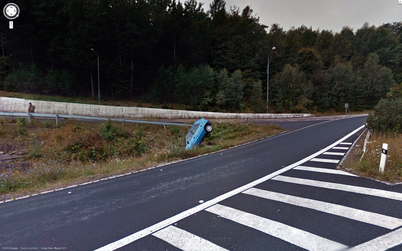 Weird Google Street View - Car In Ditch
