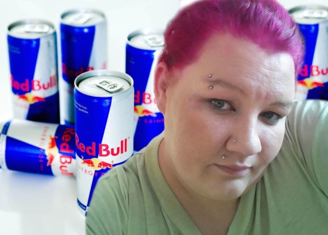 Woman going Blind Drinking Red Bull