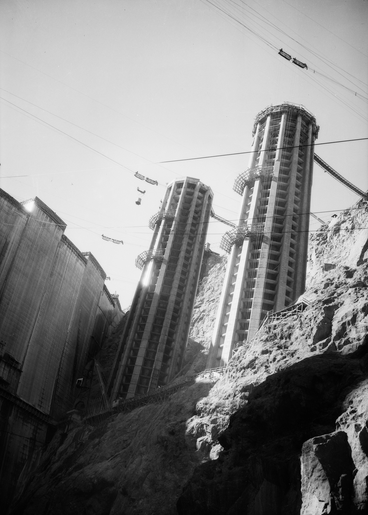 1934 --- Hoover dam vent towers during construction dw-1934-12-08-70~10 --- Image by © Dick Whittington Studio/Corbis