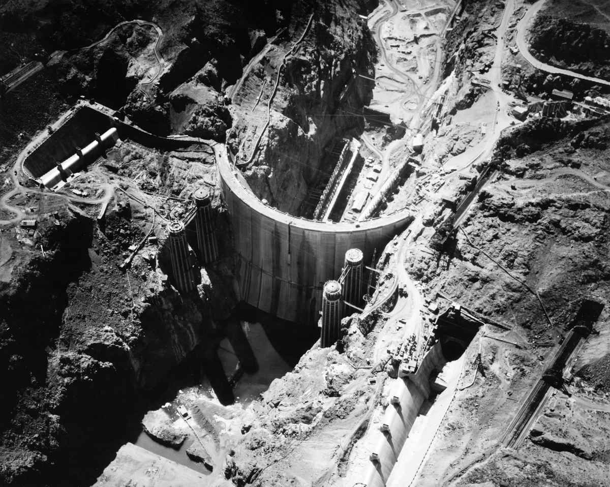 1935: Aerial view of the construction of the Boulder Dam, renamed the Hoover Dam in 1947, shortly before its completion, Nevada. (Photo by Hulton Archive/Getty Images)