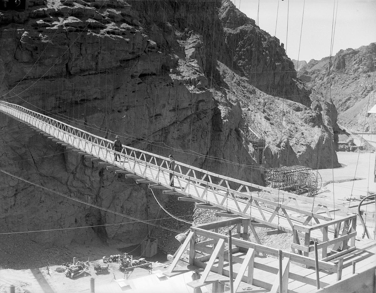 1933, Boulder City, Nevada, USA --- Original caption: 1933-Boulder City, CO- Picture shows a view of a bridge crossing at the Boulder Dam (known now as the Hoover Dam). --- Image by © Bettmann/CORBIS