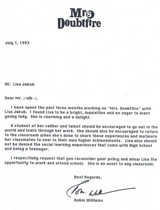 Robin Williams Mrs Doubtfire Letter