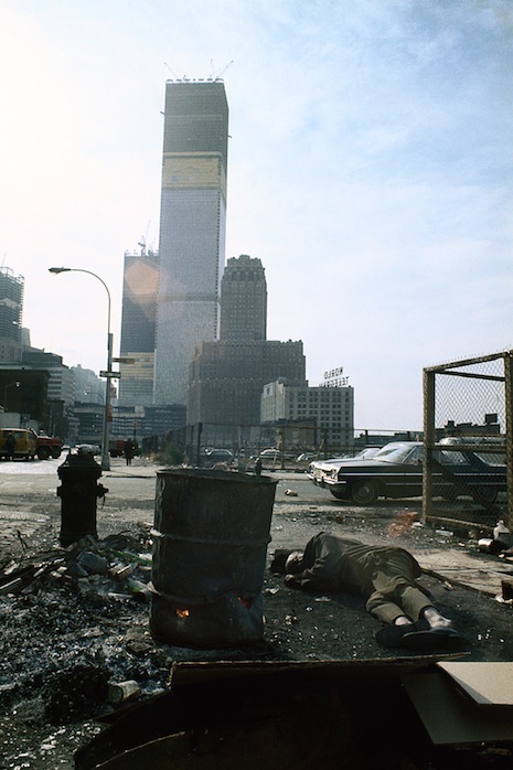 View of the World Trade Center under construction from Duane Street, Manhattan, 1970. The homeless man in this image woke up as he was being photographed and asked Vergara to buy him a ham sandwich.