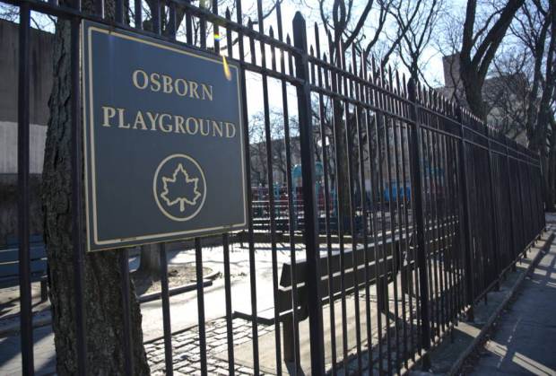 This Monday, Jan. 11, 2016 photo shows Osborn playground in the Brownsville section of Brooklyn, N.Y., the site of an alleged gang rape, in New York. Four teenagers were in custody on Monday in connection with the incident, and a fifth was being sought. (AP Photo/Bebeto Matthews)