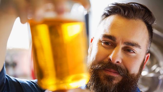 Close up brewery worker examining beer in beaker