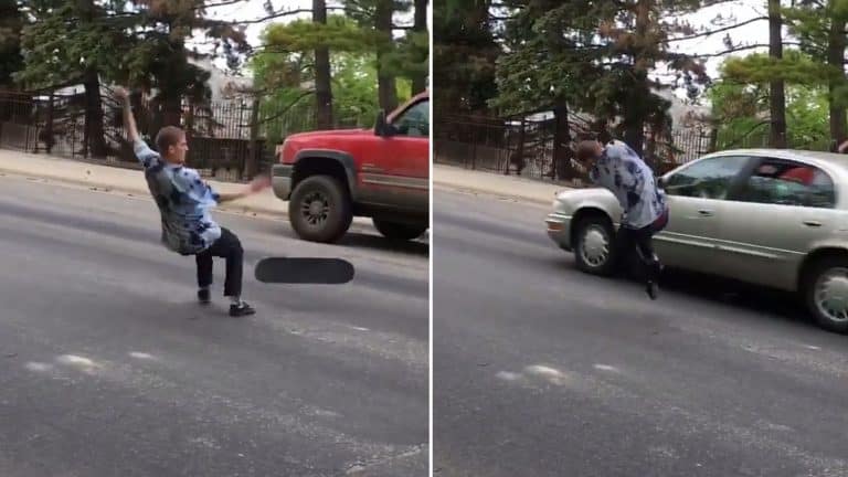 Watch This Skater Come Within A SECOND Of Getting Obliterated By A Passing Car
