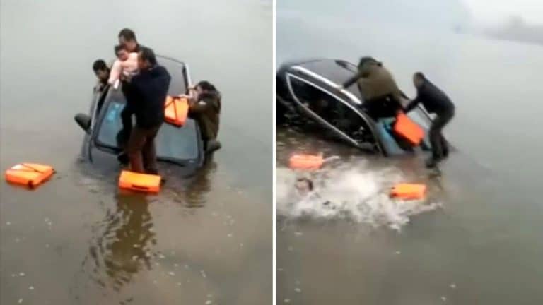 Insane Footage Shows Dad Throwing Baby From Sinking Car