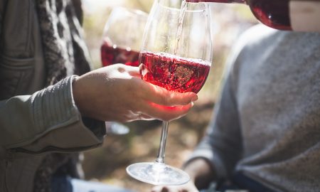 Cropped close up of couple pouring rose wine in forest