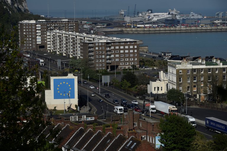 An artwork attributed to street artist Banksy, depicting a workman chipping away at one of the 12 stars on the flag of the European Union, is seen on a wall in the ferry port of Dover, Britain May 7, 2017. REUTERS/Hannah McKay FOR EDITORIAL USE ONLY. NO RESALES. NO ARCHIVES.