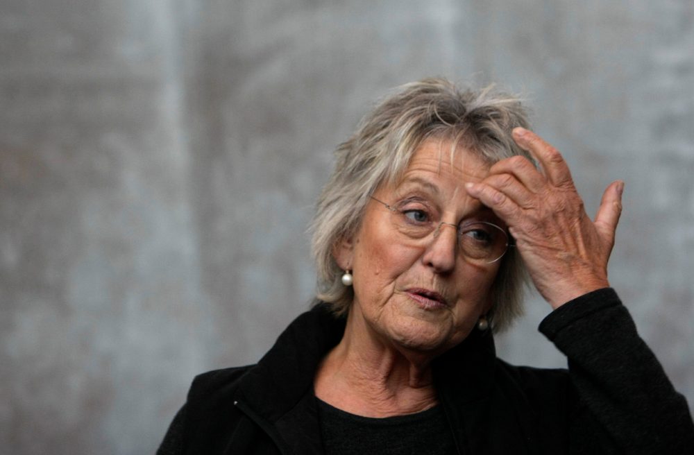 Author Germaine Greer gestures at a media launch in Melbourne