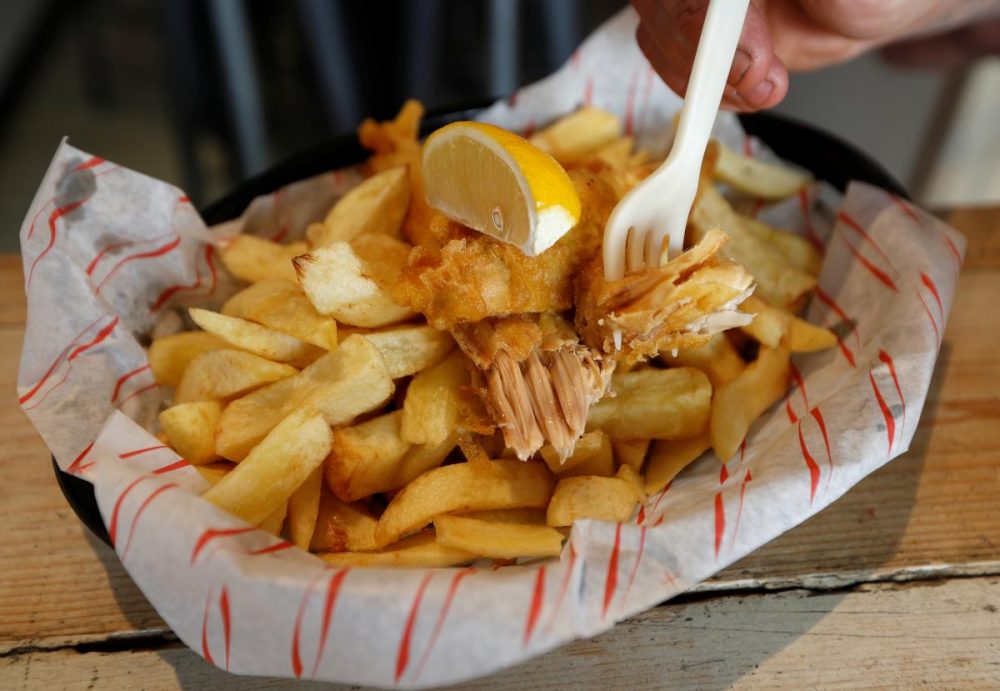 A Sutton and Sons vegan fish and chips serving is seen in their restaurant in Hackney, London