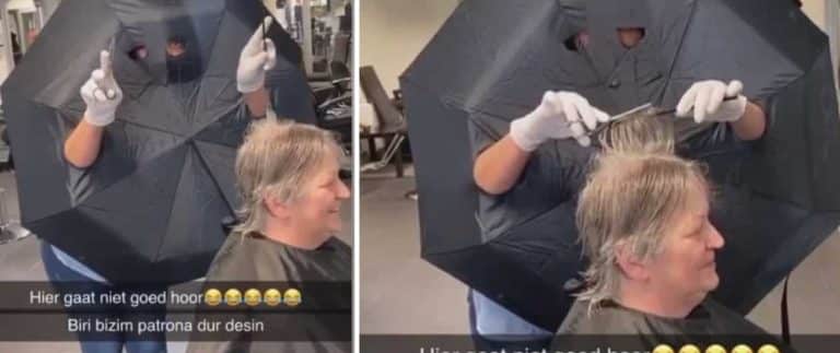 Dutch Hairdresser Turns An Umbrella Into A Makeshift Barrier To Protect Against Coronavirus