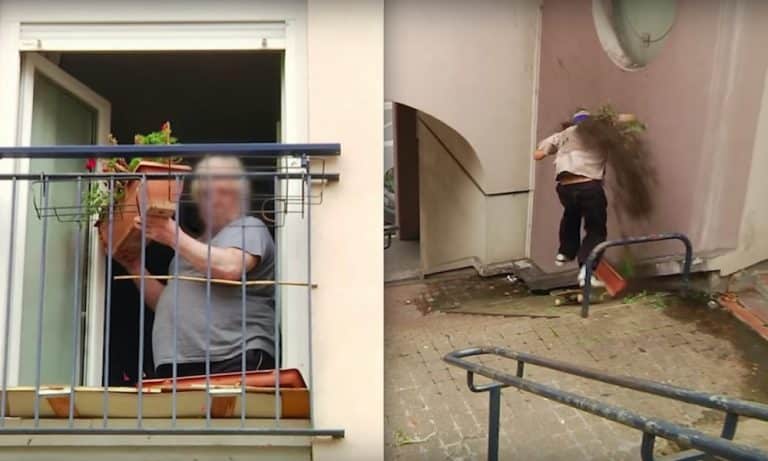 Grandma Obliterates Skater By Dropping Flower Pot On His Head From Balcony (VIDEO)
