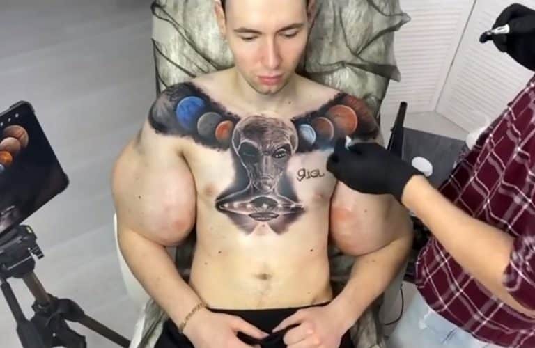 Russian Popeye AKA Bazooka Arms Just Got An Insane Alien Chest Tattoo (VIDEO)
